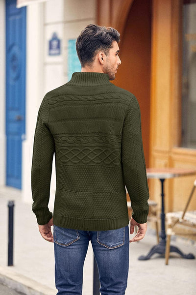 Men's Army Green Knitted Turtleneck Long Sleeve Slim Fit Sweater Cardigan