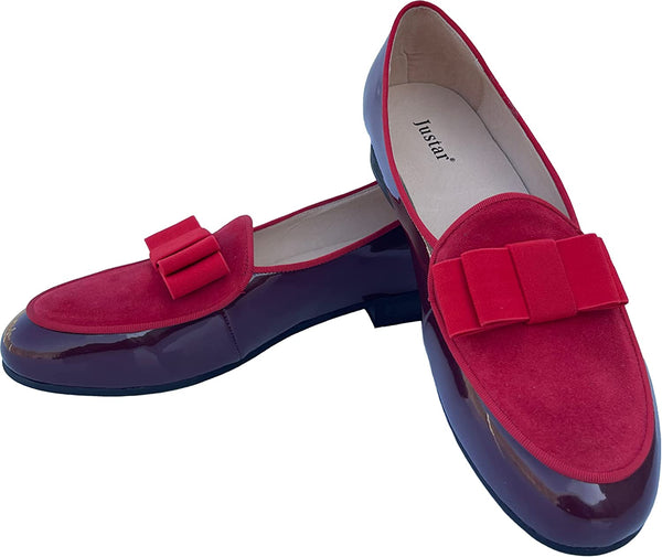 Men's Red Leather Loafers Shoes Banquet with Bowtie Flats