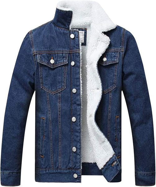 Classic Dark Blue Men's Faux Fur Denim Jacket