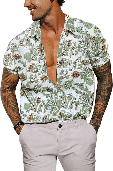 Men's Casual Green Floral Short Sleeve Hawaiian Shirt