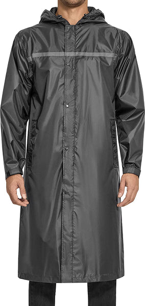 Men's Grey Hooded Reflective Lightweight Long Rain Jacket