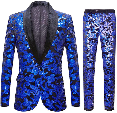 Fashionable Royal Blue Floral Pattern Sequins 2 Pieces Men's Suit