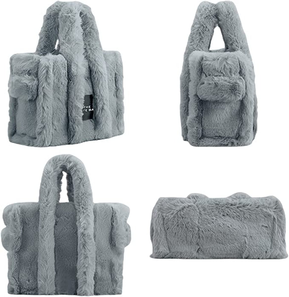 Faux Fur Chic Top Handle Dark Grey Fuzzy Tote Bag