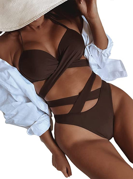 Olive Green High Waist Criss Cross 2pc Bikini Swimsuit