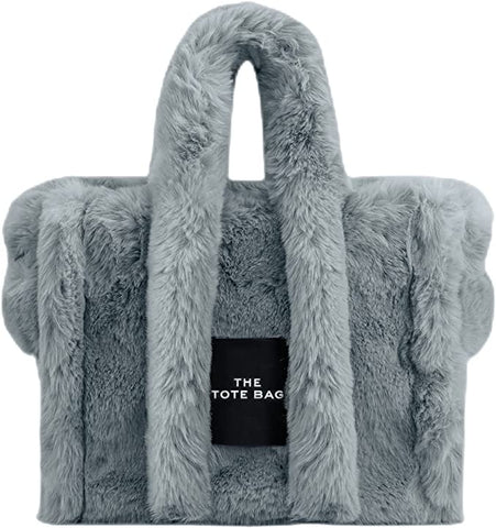 Faux Fur Chic Top Handle Light Gray Fuzzy Tote Bag