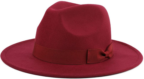 Roermond Classic Wide Brim Bowknot Wine Red Fedora Hat