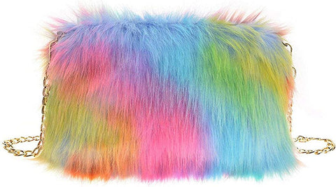 Multi Color Faux Fur Stylish Purse w/Chain