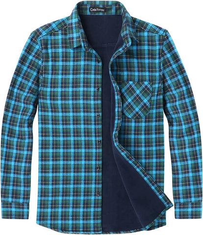 Fleece Lined Teal Plaid Men's Casual Long Sleeve Shirt