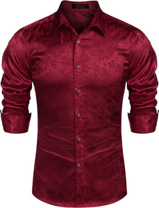 Men's Burgundy Floral Rose Printed Long Sleeve Dress Shirt