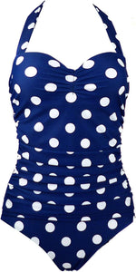 Retro Navy Blue Polka Ruching One Piece Vintage Swimwear