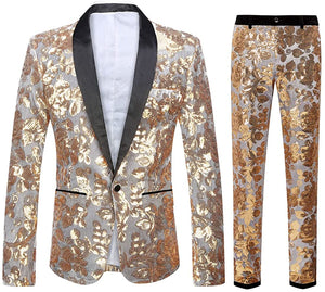 Fashionable Metallic Gold Floral Pattern Sequins 2 Pieces Men's Suit