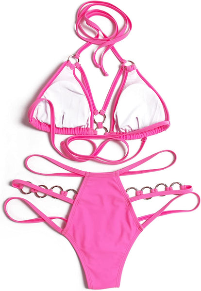 Elegant Pink O-Ring Metal Link Two Piece Swimsuit