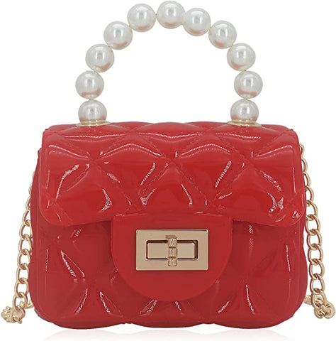 Quilted Red Mini Jelly Purse with Pearls Crossbody Bag