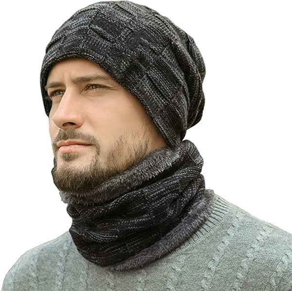 Men's Red Ribbed Thermal Fleece Winter Hat & Neck Warmer Set