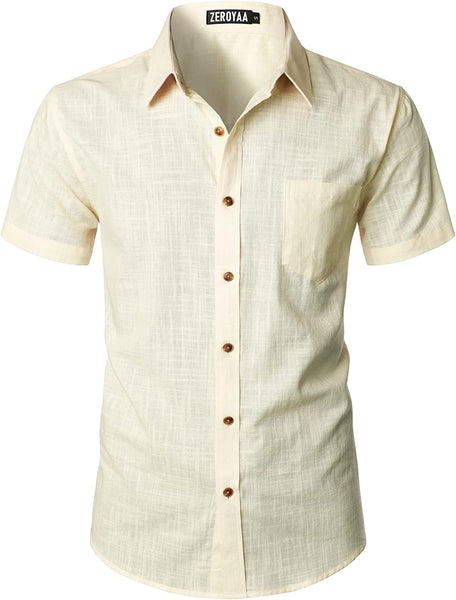 Men's Brown Linen Button Up Short Sleeve Shirt