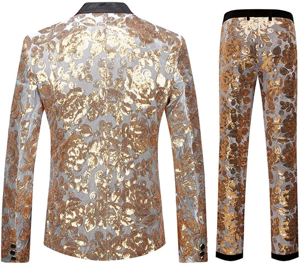 Fashionable Metallic Gold Floral Pattern Sequins 2 Pieces Men's Suit