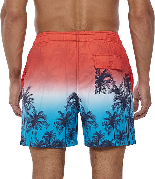 Men's Blue/Red Palm Tree Printed Short Swim Trunks