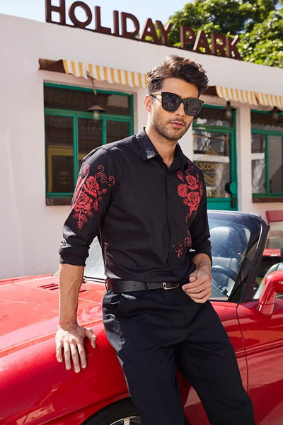 Men's Black Rose Print Button Down Long Sleeve Shirt