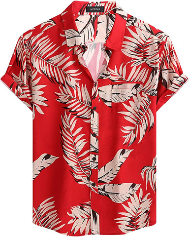 Men's Orange Leaves Print Casual Short Sleeve Shirt
