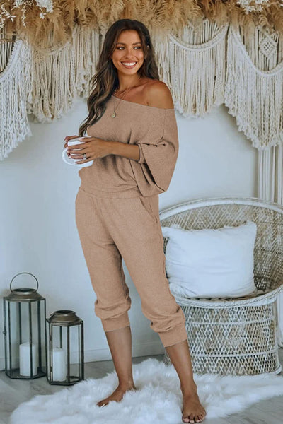 Goddess Khaki Off Shoulder Long Sleeve Long Pants with Pockets