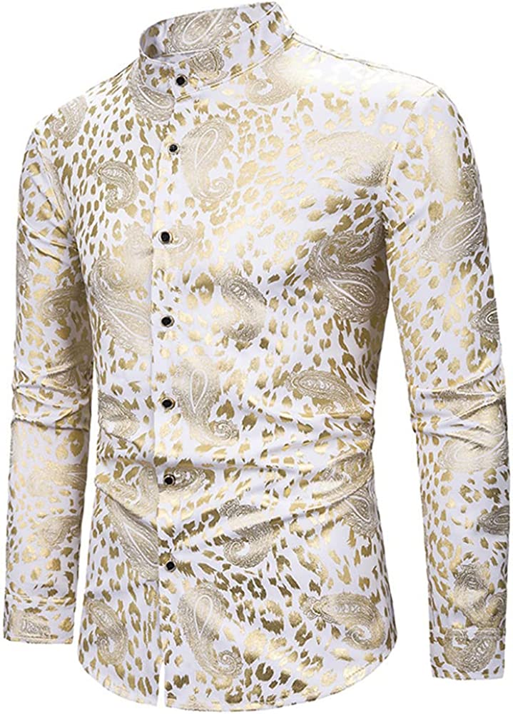 Elegant White Paisley Print Casual Men's Long Sleeve Dress Shirt