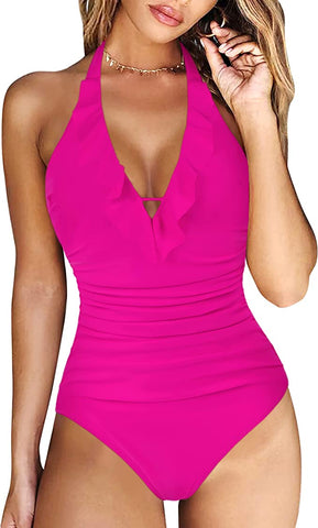 Pink Halter Plunge Ruffled One Piece Swimsuit