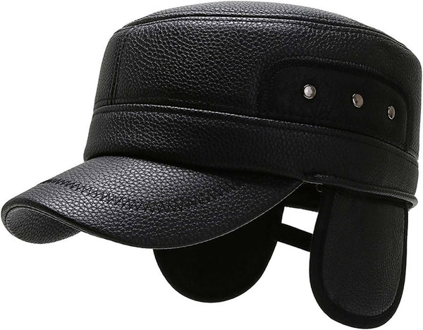 Men's Black Leather Military Cadet Peaked Cap with Earflap