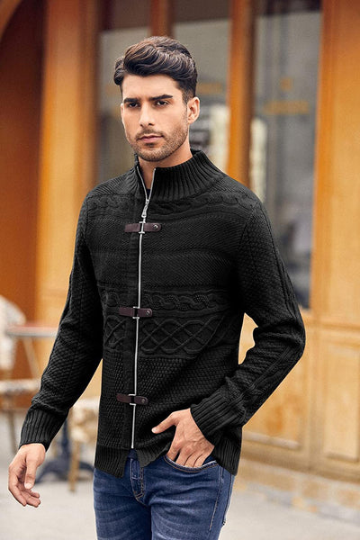 Men's Black Knitted Turtleneck Long Sleeve Slim Fit Sweater Cardigan