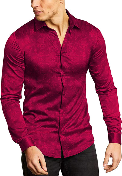 Men's Shiny Satin Wine Red Floral Button Down Long Sleeve Shirt