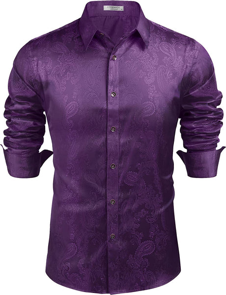 Men's Purple Floral Rose Printed Long Sleeve Dress Shirt