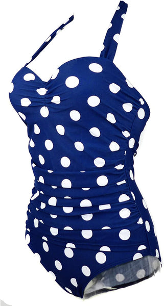 Retro Navy Blue Polka Ruching One Piece Vintage Swimwear