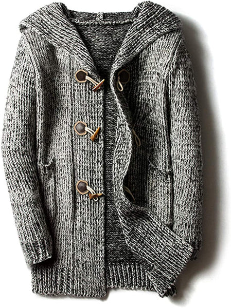 Men's Spanish Grey Loose Horn Mid Long Hooded Cardigan Sweater