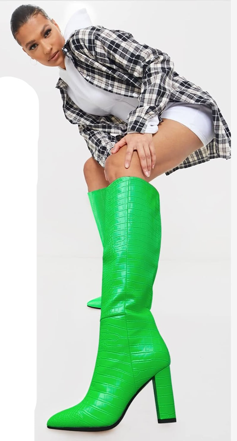 Crocodile Green Chunky Heel Pointed Toe Knee High Boots