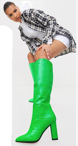 Crocodile Green Chunky Heel Pointed Toe Knee High Boots