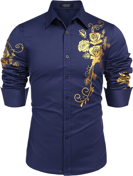 Men's Blue Rose Print Button Down Long Sleeve Shirt