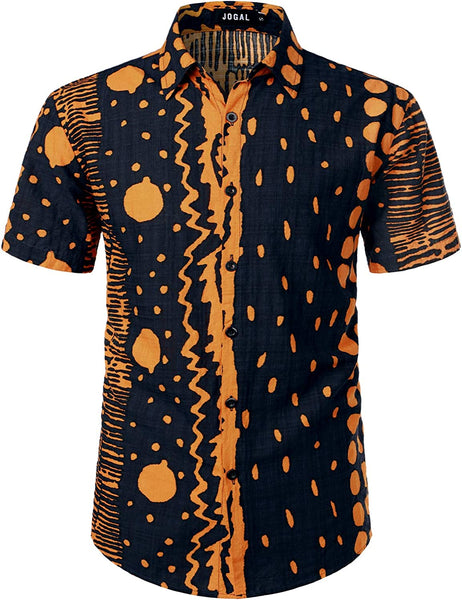 Printed Orange Abstract Short Sleeve Button Down Beach Shirt