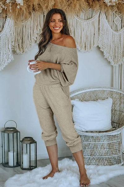 Goddess Grey Off Shoulder Long Sleeve Long Pants with Pockets