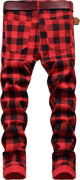 Men's Casual Red Plaid Stylish Denim Pants