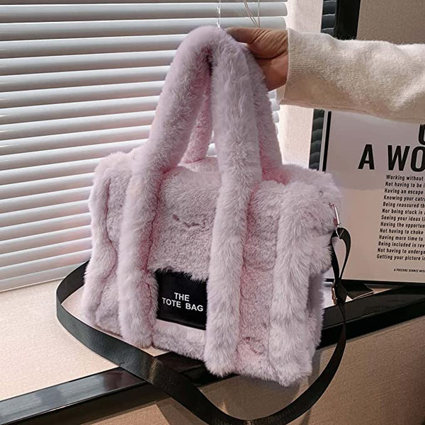 Faux Fur Chic Top Handle Pink Fuzzy Tote Bag