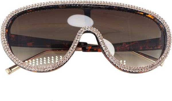 Bling Rhinestone Brown Oversized Retro Shield Sunglasses