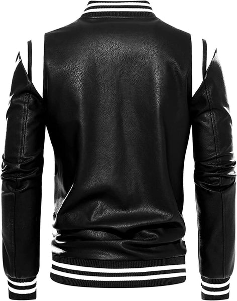 Fleece Lined Black Pu Leather Varsity Bomber Jacket