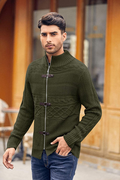 Men's Army Green Knitted Turtleneck Long Sleeve Slim Fit Sweater Cardigan