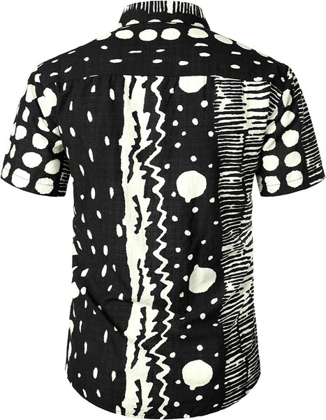 Printed Black Abstract Short Sleeve Button Down Beach Shirt