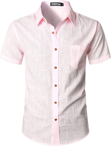 Men's Beige Linen Button Up Short Sleeve Shirt