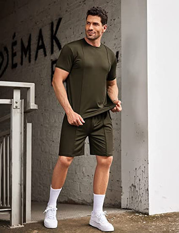 Men's Army Green Casual T-Shirt & Shorts Set