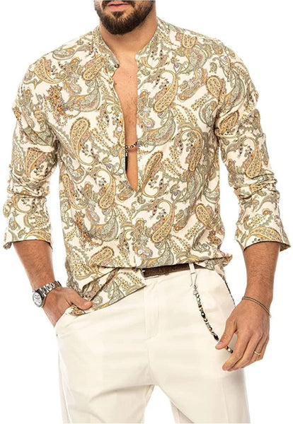 Light Green Printed Shirt Long Sleeve Floral Paisley Shirt