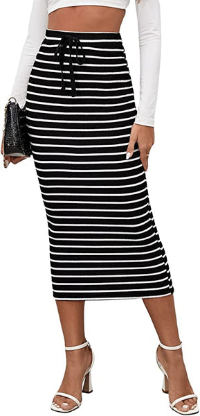 Black & White Striped Drawstring Pencil Skirt