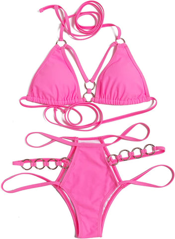 Elegant Pink O-Ring Metal Link Two Piece Swimsuit