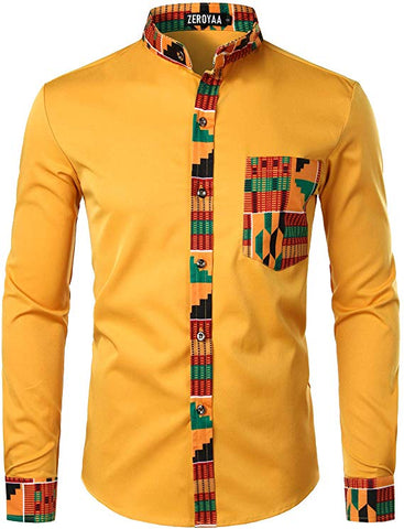 Men's Yellow Kente Tribal Embroidered Long Sleeve Button Down Shirt