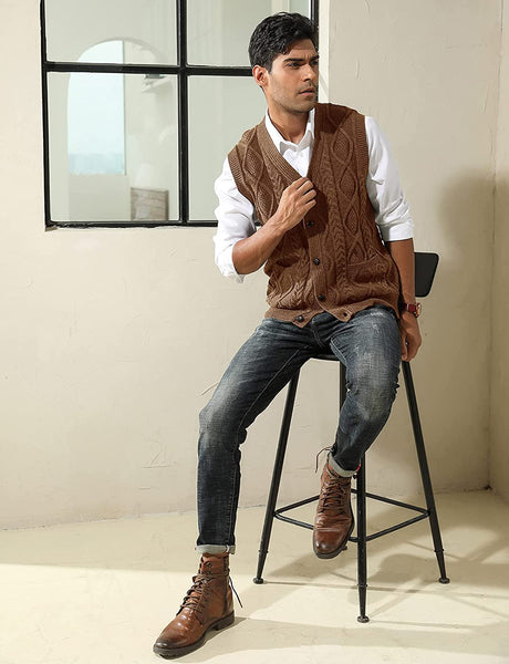 Cable Knitted Camel Button Down Men's Sweater Vest